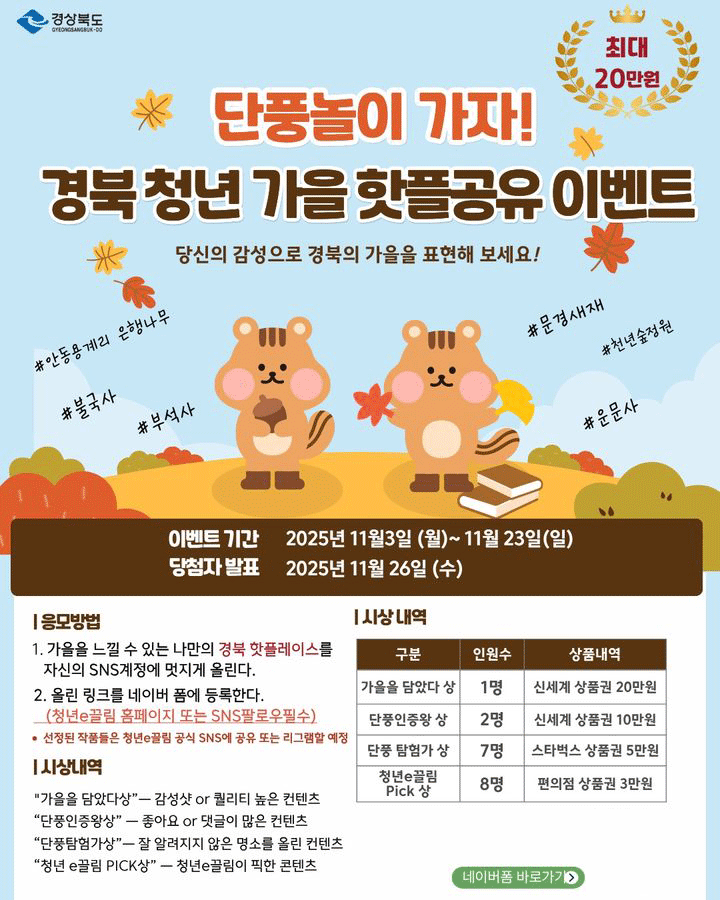 경북도 ‘가을 명소 공유’ 청년에 상품권 선물 팍팍