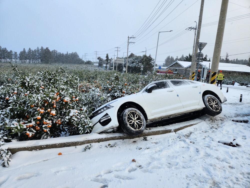 제주 해안에도 1㎝ 안팎 눈 쌓여…눈길 교통사고, 항공편 결항 잇따라