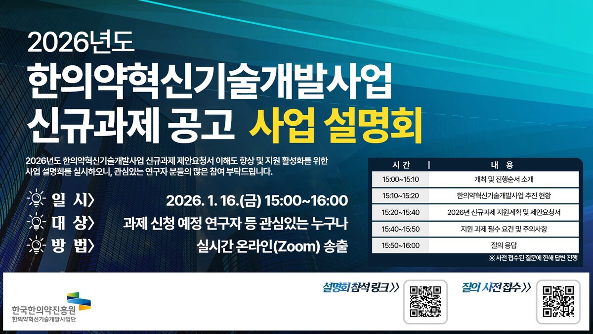 한국한의약진흥원, 한의약혁신기술개발 34개 신규 과제 공모